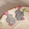 Silver Glitter Rabbit Pink Flower Statement Stud Earrings view 4