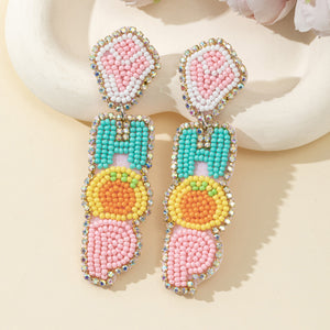 Beaded Rhinestone HOP Letter Drop Stud Earrings In Pink Teal Yellow