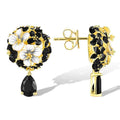 Gold Tone Black and White Floral Drop Earrings with Teardrops view 3