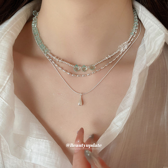Silver Layered Aqua Crystal Bead Teardrop Necklace