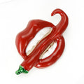 Red Lips Brooch in Metal with Glossy Red Enamel Lip Outline with a Green Stem Accent view 2