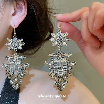 Ornate Architectural Chandelier Hook Earrings With Polished Metal Details