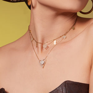 Gold Steel Double Heart And Multi Charm Layered Necklaces
