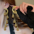 Crescent Bell and Chain Long Drop Earrings in Two Tones view 4
