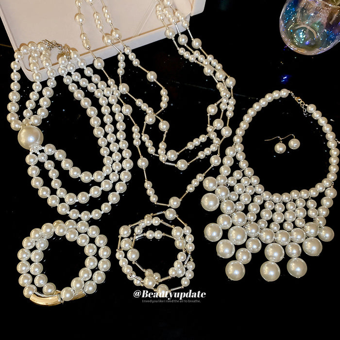 White Pearl Multi-Strand Necklaces Bib Set Gold Floral Styles