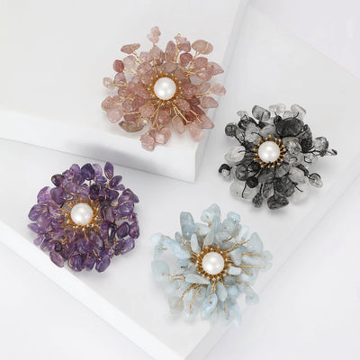 Four stone chip pearl flower brooches pink black purple white