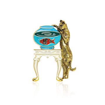 Cat and Fishbowl Brooch Pin in Gold or Silver Tone
