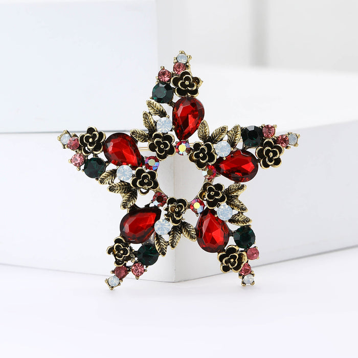 Red And Green Crystal Five-Point Star Brooch Decorative Lapel Pin
