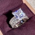 Square Clear Solitaire Baguette Two-Ring Set In Silver Tone view 3