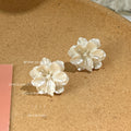 White Pearl Camellia Flower Stud Earrings Layered Petals view 3