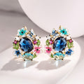 Gold Tone Floral Enamel Blue Oval Center Stud Earrings view 1