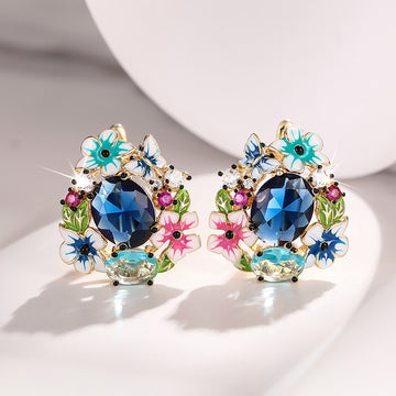 Gold Tone Floral Enamel Blue Oval Center Stud Earrings
