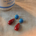 Blue Round Top And Red Long Teardrop Drop Stud Earrings For Women view 3