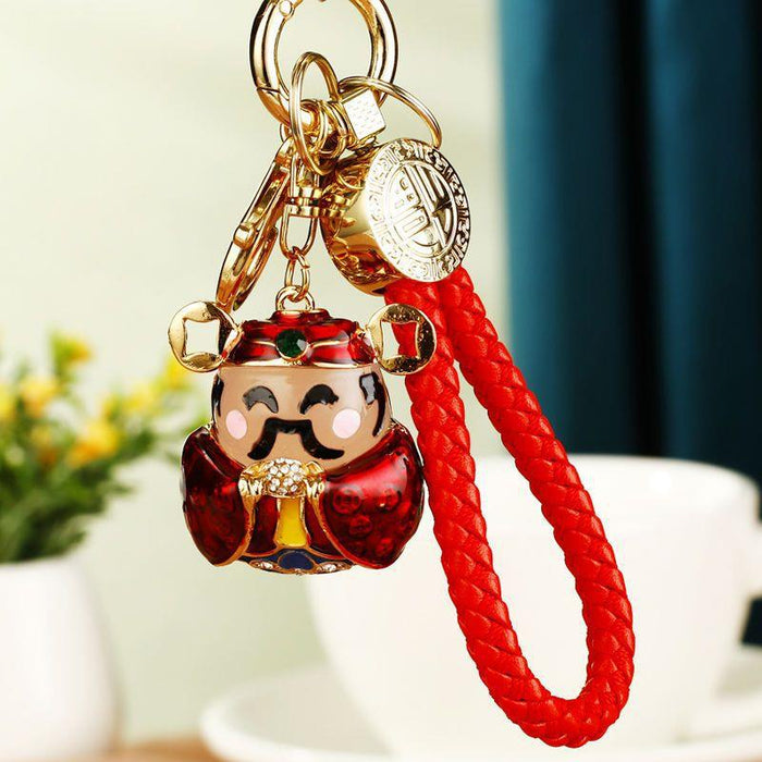 Red Wealth and Longevity Deity Keychains with Fortune Straps