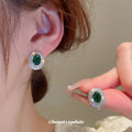 Emerald Green Oval Crystal Halo Stud Earrings For Women view 2