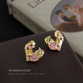 Gold Liquid Heart Openwork Pink Zircon Stud Earrings view 3