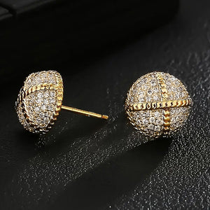 Round Pave Stud Earrings with Rope Cross Band, Brass, Two Tones