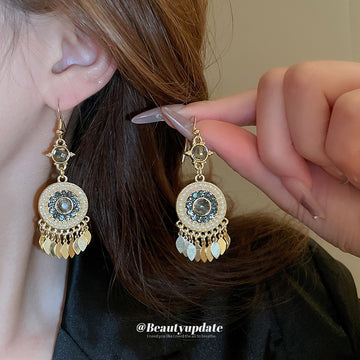 Black and Gold Ornate Round Beaded Statement Drop Earrings