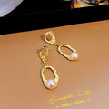 Gold Organic Open Oval Drop Earrings Pearl Accent Studs view 2