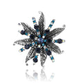 Spiky Leaf Crystal Flower Brooch in Blue or Black With Faceted Center view 5