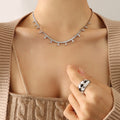 Herringbone Chain Baguette Zircon Drop Necklace Gold Steel view 7