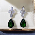 Silver Tone Green Teardrop CZ Three Leaf Drop Earrings view 4