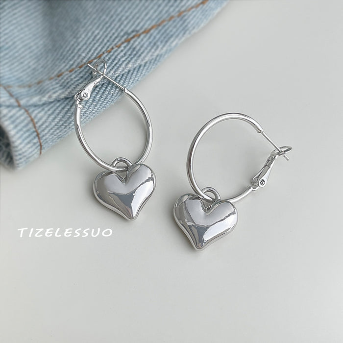 Silver-Tone Hoop Earrings With Puffy Heart Dangle Charms
