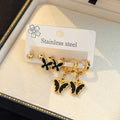 Gold Tone Three Pair Butterfly Stud and Dangle Hoop Earring Set view 2