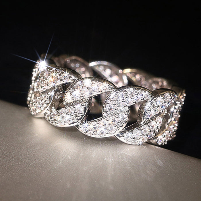 Silver Cuban Link Pavé Chain Finger Ring Sizes 6-10