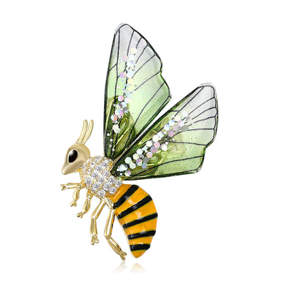 Green acrylic wing bee brooch with yellow black striped abdomen