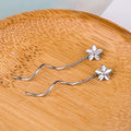 Silver Tone Flower Threader Earrings With Wavy Bar Drops view 3