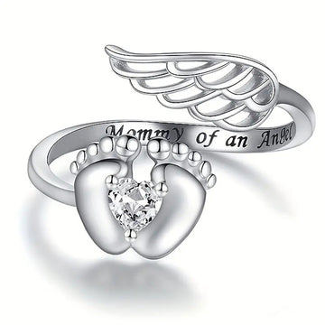 Engraved Angel Wing And Baby Feet Open Ring In Silver Tone