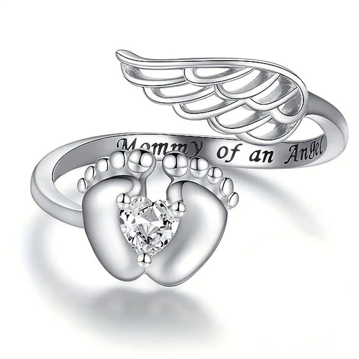Engraved Angel Wing And Baby Feet Open Ring In Silver Tone