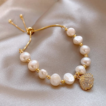 Gold Adjustable Pearl Bracelet Pavé Crystal Shell Charm