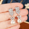 White Gold Tone Crystal Flower Leaf Faux Pearl Drop Earrings view 4
