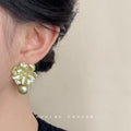 Sage Green Metallic Flower Pearl Drop Stud Earrings view 2