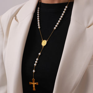 Gold Rosary Cross Pendant Necklaces Religious Medals Beads