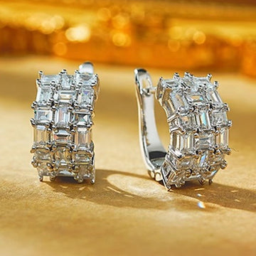 Silver Emerald Cut Cubic Zirconia Three Row Huggie Earrings