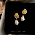 Gold Spiral Shell Stud Baroque White Pearl Drop Earrings view 3