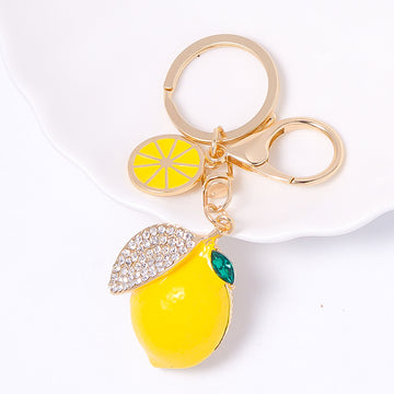 Yellow Enamel Lemon Keychain Rhinestone Leaf Gold Clasp Cord Option