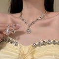 Silver Champagne Teardrop Crystal Necklace Earrings Jewelry Set view 1