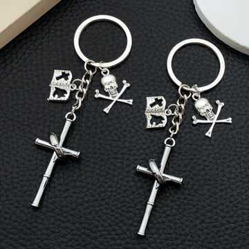 Silver Tone Cross Bat Skull and Book Keychains with Metal Hardware