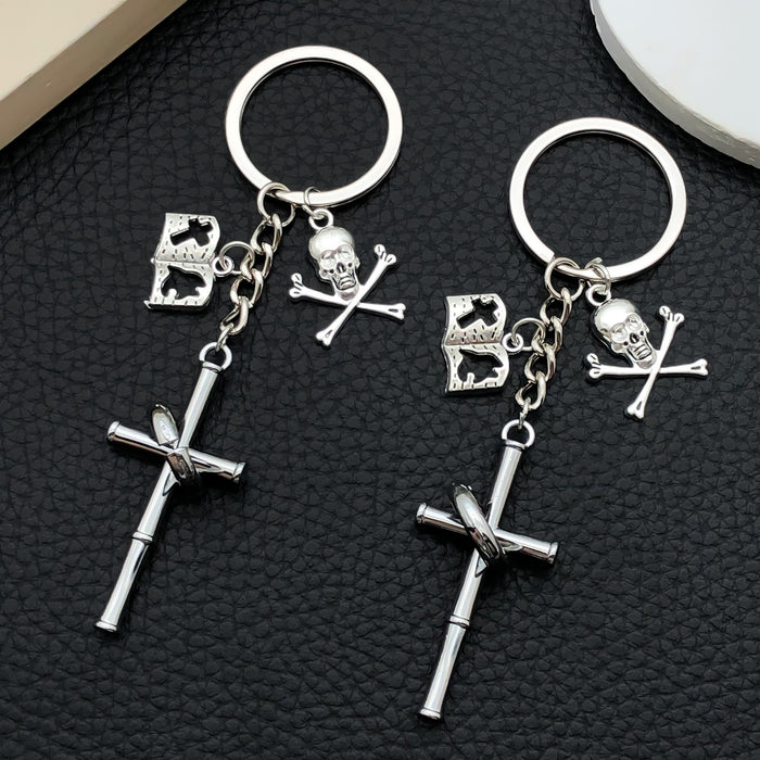 Silver Tone Cross Bat Skull and Book Keychains with Metal Hardware