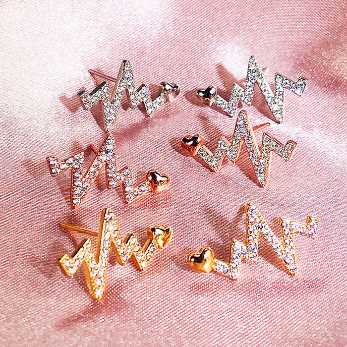 Heartbeat Line Crystal Stud Earrings in Polished Metal