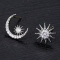 Silver Tone Asymmetric Crescent Moon Star Stud Earrings view 2