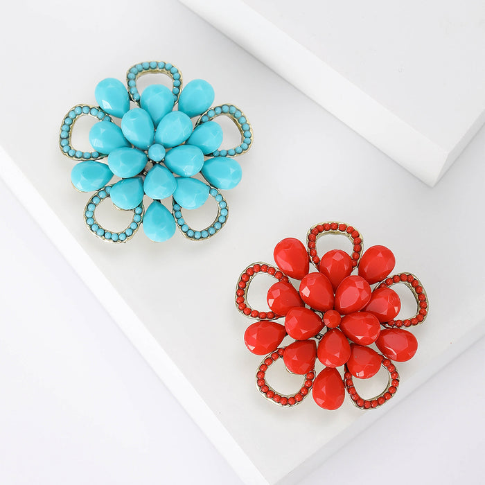 Layered Petal Flower Brooch in Turquoise or Red with Crystal Trim