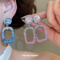 Crystal Open Rectangle Drop Earrings in Pink and Blue view 1