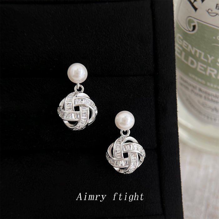 Silver Pearl Love Knot Zircon Drop Earrings Pair Set