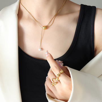 Gold Snake Chain Lariat Necklace Ball Slide Pearl Drop