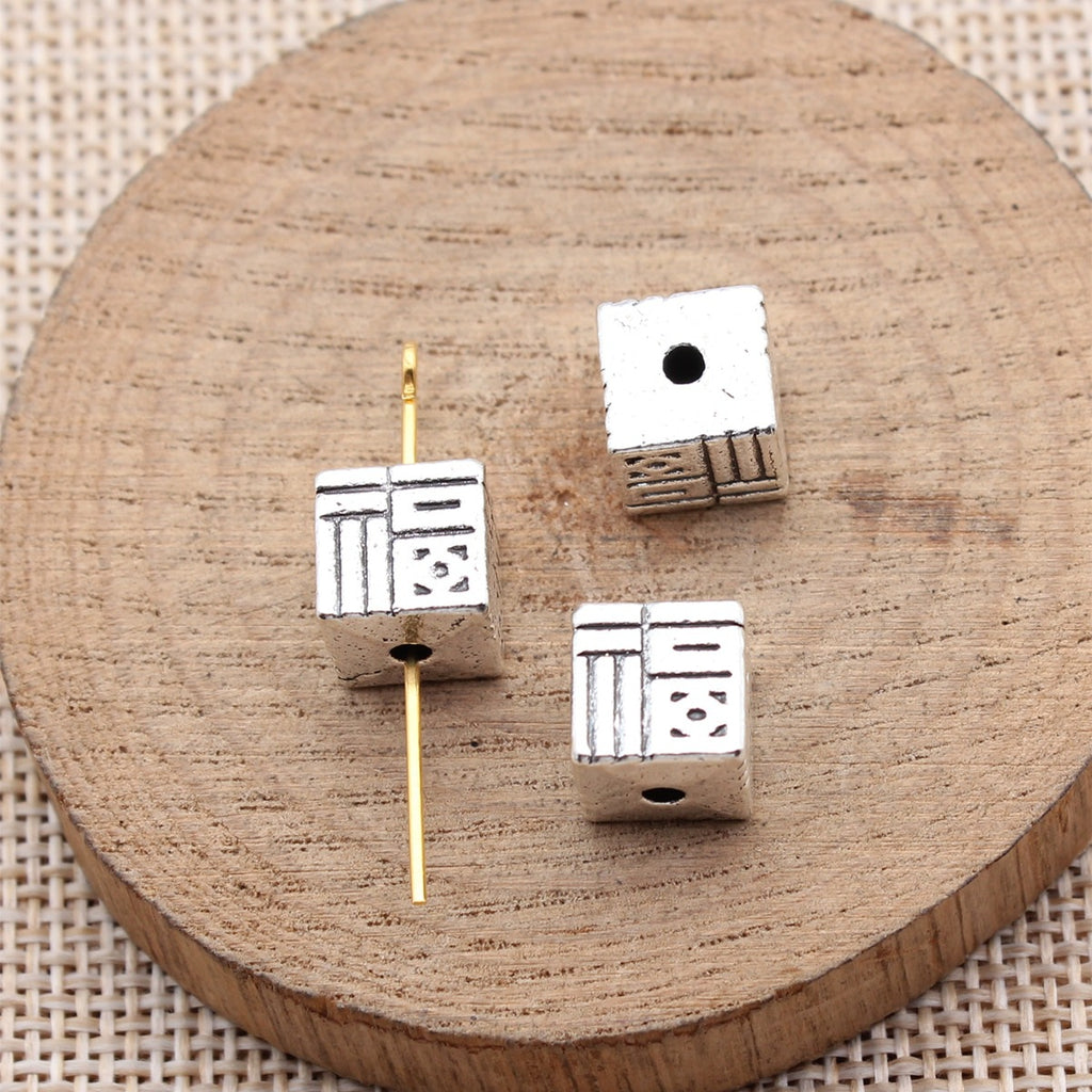 9.4x9x9mm 4.4g Antique Silver Zinc Alloy Square Fu Character Small Hole Spacer Beads for DIY Jewelry Making
